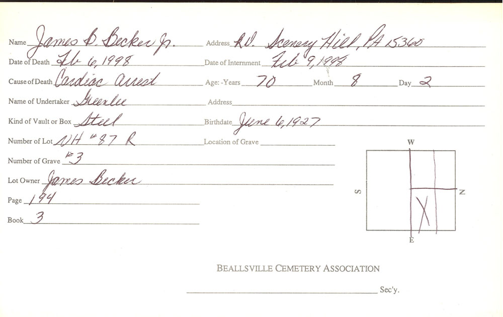 James B. Becker Jr  burial card